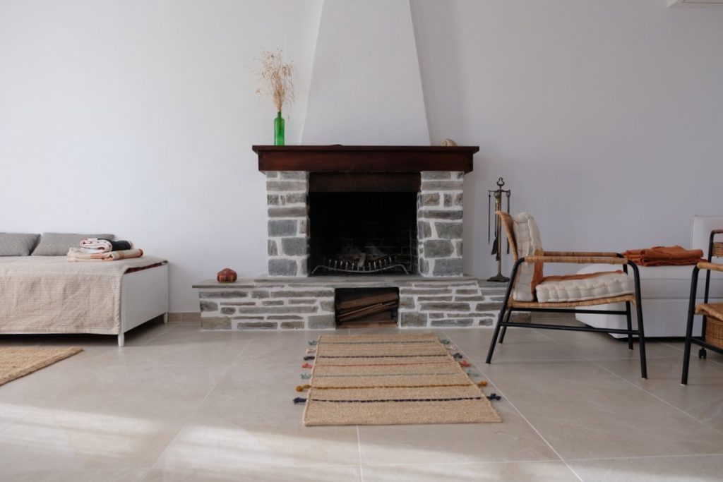 Fireplace- Airbnb in Pelion. Modern cottage for rent in Lafkos. Tisaion House. Feel good in Greece.