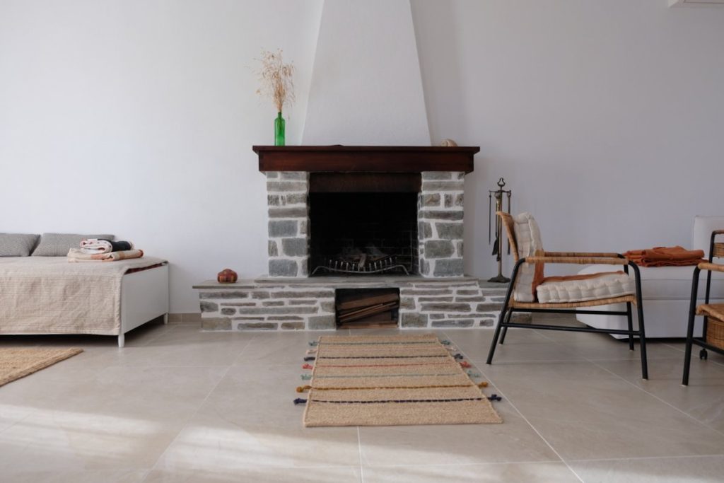 Fireplace.  Cottage Lafkos. Airbnb in Pelion. Feel at Home in Greece.
