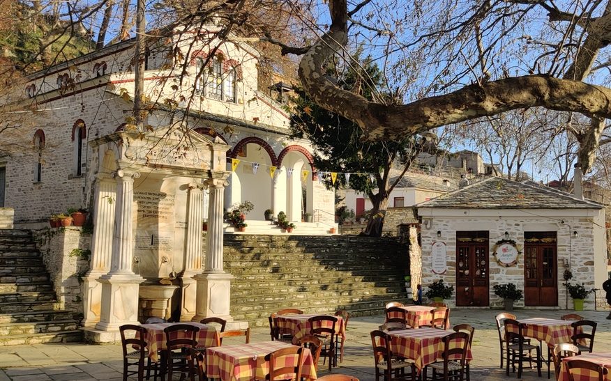 Square in Pinakates, one of the most picturesque mountain villages in Pelion, Greece.