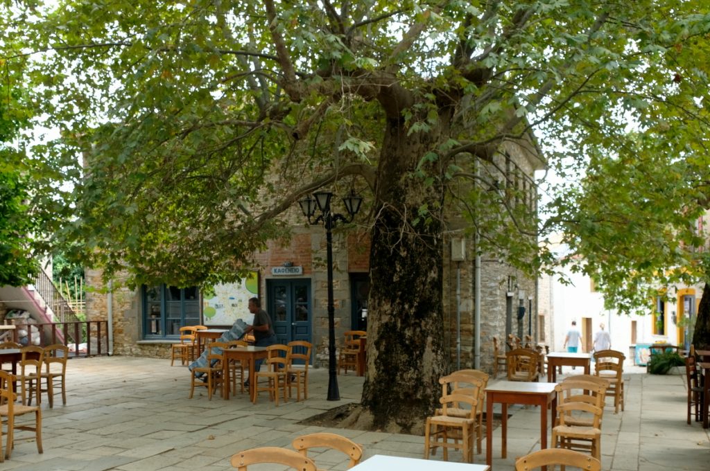 Oldest Coffee shop in Greece. Square of Lafkos. Most beautiful village in Pelion, Greece.

