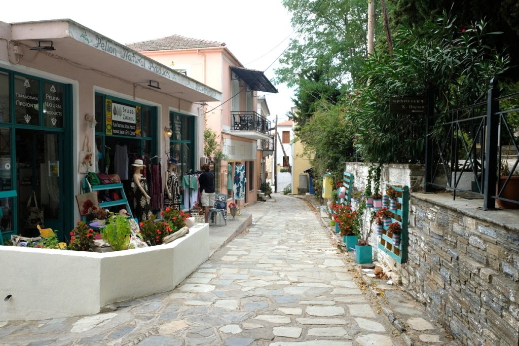 Alley in Lafkos. The mountain village near the sea is one of the most beautiful and authentic places without any cars in Greece.